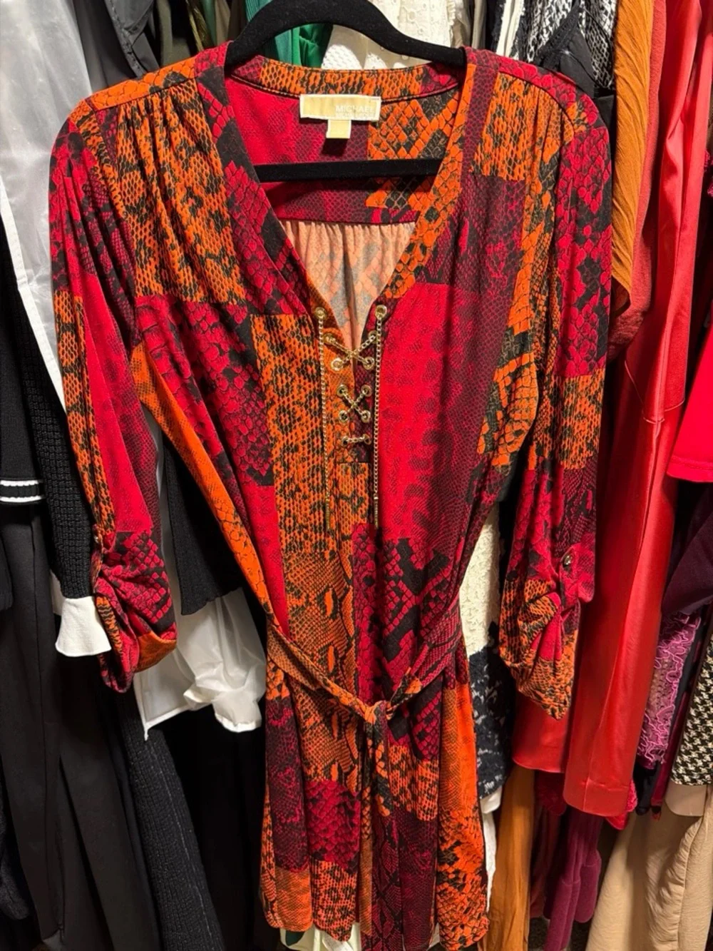 Michael Kors Red & Orange Snake-Print Lace-Up Romper